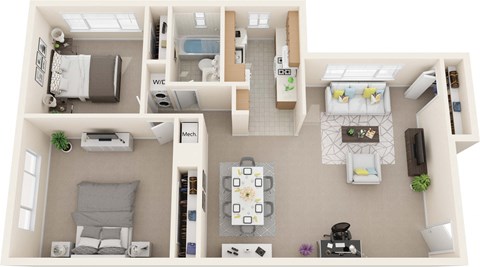 Floor plan for 2 beds, 1 bath, 980 sqft